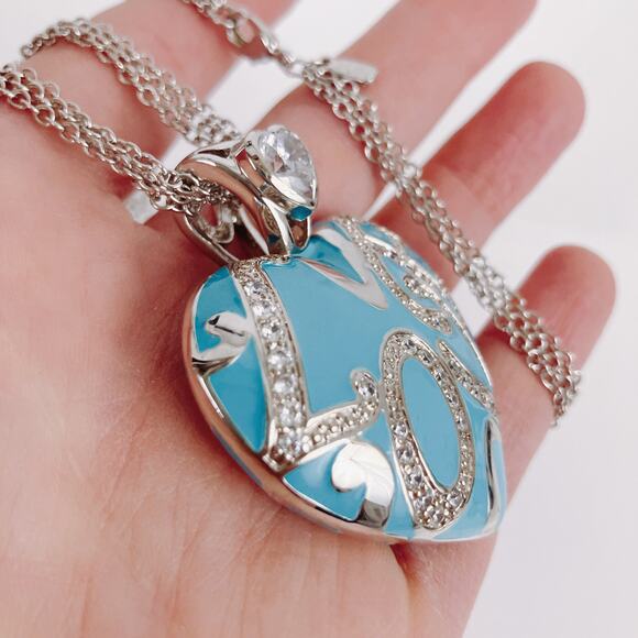 PJM Blue Enamel Heart Love Pendant Necklace CZ/Crystal Rhinestones Reversible - Picture 11 of 13
